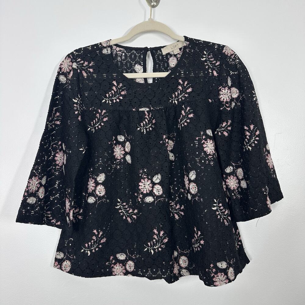 Loft Womens M Black Floral Sheer Lace 3/4 Sleeve Cottagecore Workwear Blouse